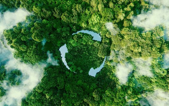 Wald Fluss bildet Recyclingkreis mit Umrissen von Seen