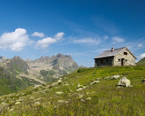 Grüne Wiese in den Bergen und Blick auf die Almhütte