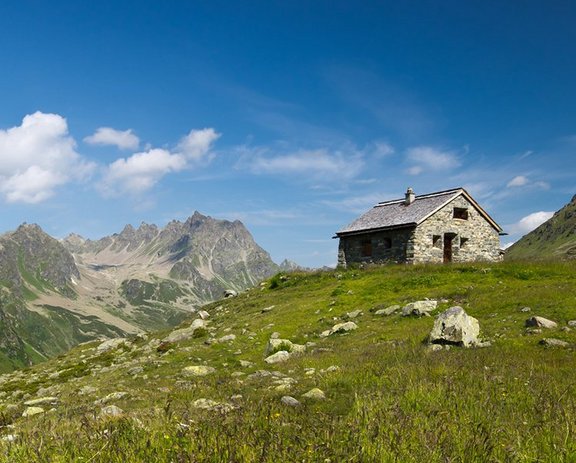 Grüne Wiese in den Bergen und Blick auf die Almhütte